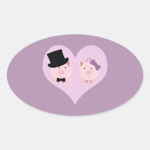 Niedlich Pig Couple Ovaler Aufkleber