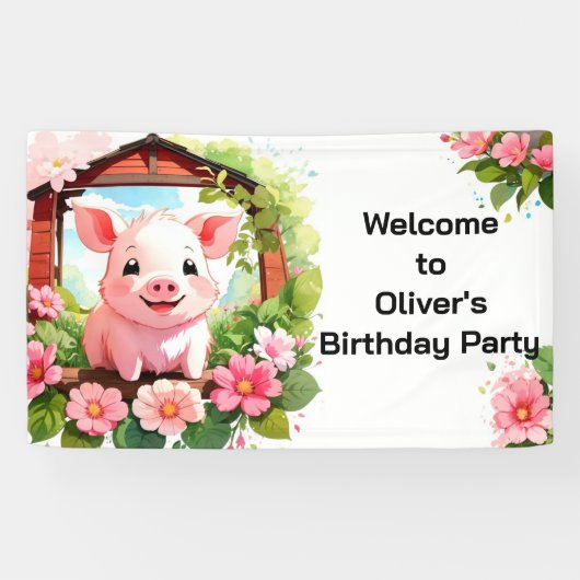 Niedlich Pig Pink Barnyard Geburtstagsbanner Banner (Horizontal)