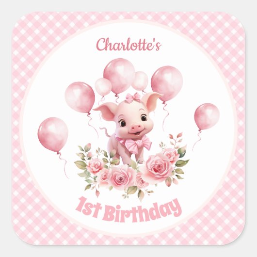Niedlich Pig Pink Farm Girl 1. Geburtstag Sticker (Vorderseite)