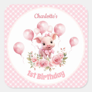 Niedlich Pig Pink Farm Girl 1. Geburtstag Sticker