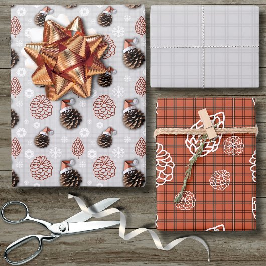 Niedlich Pinecone Weihnachtskunst Snowflake Rot Geschenkpapier Set
