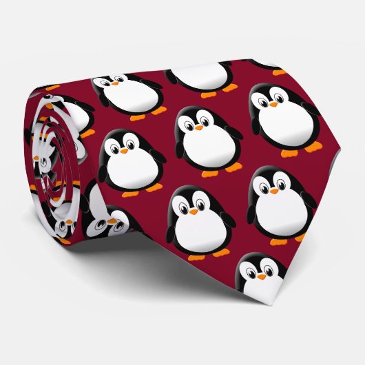 Niedlich Pinguin Cartoon Burgundy Krawatte (Gerollt)