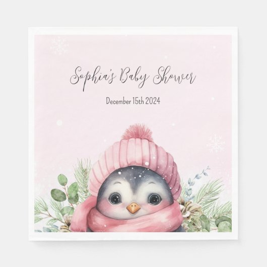 Niedlich Pinguin Pink Girl Winter Baby Dusche Napk Serviette (Vorderseite)