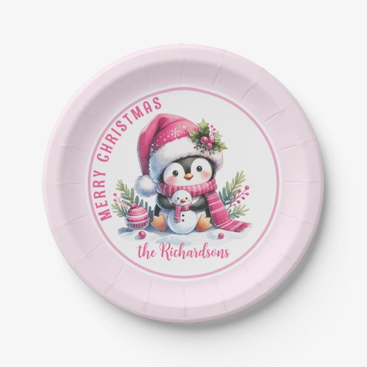Niedlich Pinguin Pink Personalisiert Frohe Weihnac Pappteller (Vorderseite)