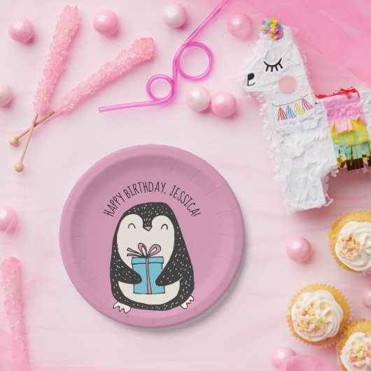 Niedlich Pinguin Rosa Personalisierter Geburtstag Pappteller (Party)