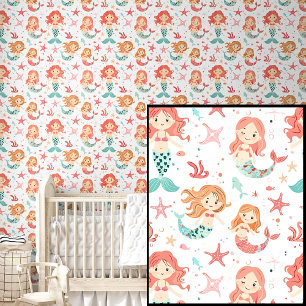 Niedlich Pink & Aqua Baby Mermaids & Stars Tapete