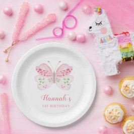 Niedlich Pink Aquarellbutterfly 1. Geburtstag Part Pappteller