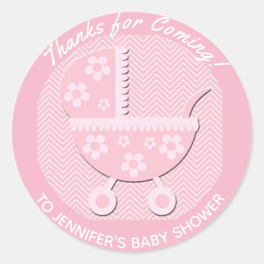 Niedlich Pink Baby Carriage Baby Dusche Vielen Dan Runder Aufkleber (Vorderseite)
