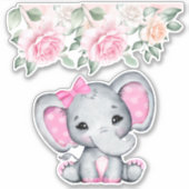 Niedlich-Pink-Baby-Elefant und Rose-Grenze Aufkleber (Vorderseite)