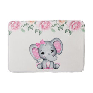 Niedlich-Pink-Baby-Elefant und Rose-Grenze Badematte