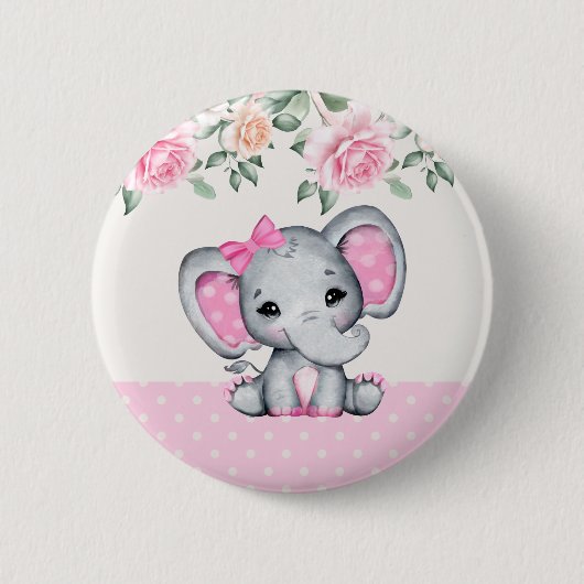 Niedlich-Pink-Baby-Elefant und Rose-Grenze Button (Vorderseite)