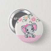 Niedlich-Pink-Baby-Elefant und Rose-Grenze Button (Vorne & Hinten)