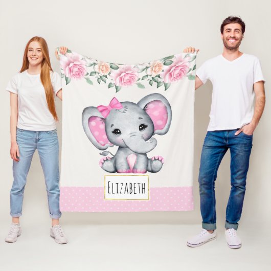 Niedlich-Pink-Baby-Elefant und Rose-Grenze Fleecedecke (Beispiel)