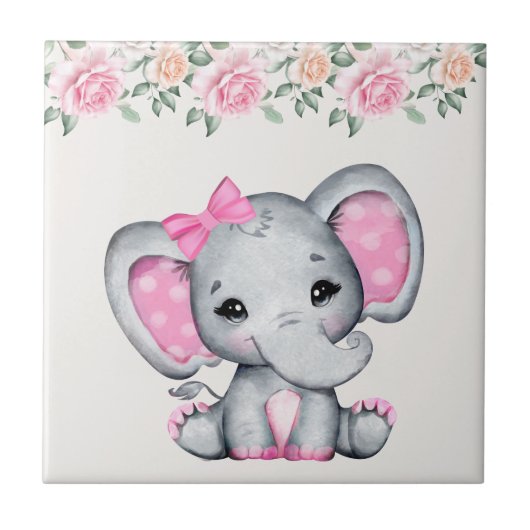 Niedlich-Pink-Baby-Elefant und Rose-Grenze Fliese (Vorderseite)