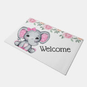 Niedlich-Pink-Baby-Elefant und Rose-Grenze Fußmatte (Schrägansicht)