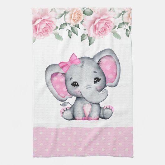 Niedlich-Pink-Baby-Elefant und Rose-Grenze Geschirrtuch (Vertikal)