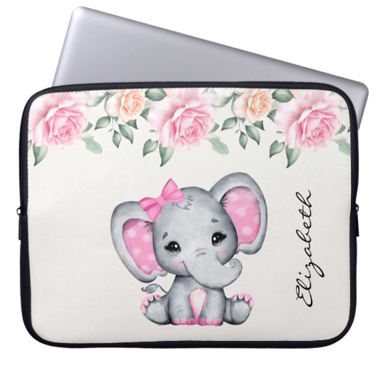 Niedlich-Pink-Baby-Elefant und Rose-Grenze Laptopschutzhülle (Vorderseite)