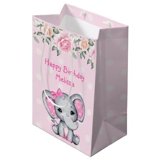 Niedlich-Pink-Baby-Elefant und Rose-Grenze Mittlere Geschenktüte (Vorderseite Schrägansicht)