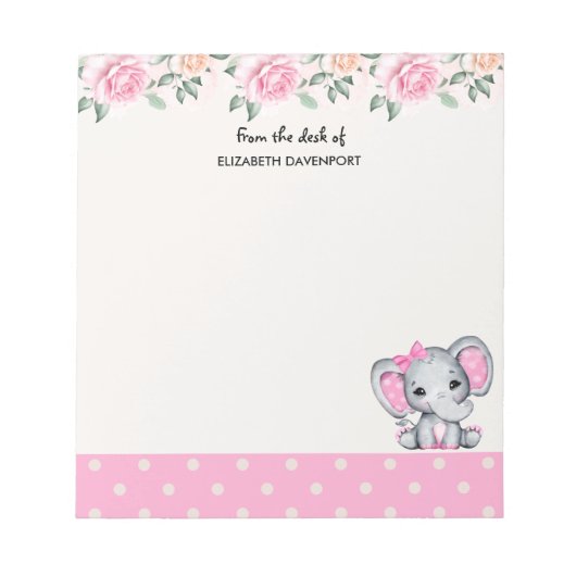 Niedlich-Pink-Baby-Elefant und Rose-Grenze Notizblock (Vorderseite)