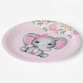 Niedlich-Pink-Baby-Elefant und Rose-Grenze Pappteller (Schrägansicht)