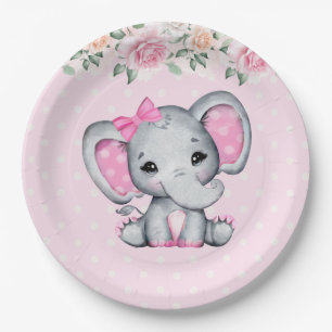 Niedlich-Pink-Baby-Elefant und Rose-Grenze Pappteller