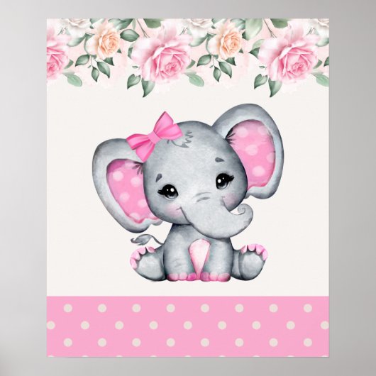 Niedlich-Pink-Baby-Elefant und Rose-Grenze Poster (Vorne)