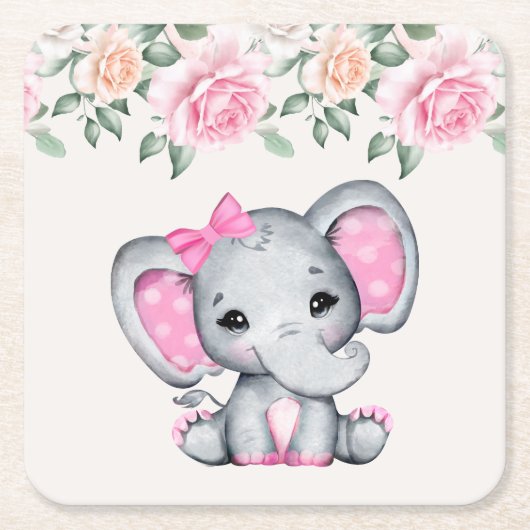 Niedlich-Pink-Baby-Elefant und Rose-Grenze Rechteckiger Pappuntersetzer (Vorderseite)