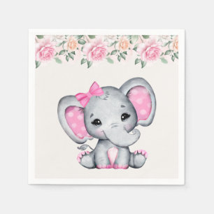 Niedlich-Pink-Baby-Elefant und Rose-Grenze Serviette