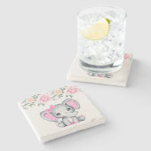 Niedlich-Pink-Baby-Elefant und Rose-Grenze Steinuntersetzer (Seitenansicht)