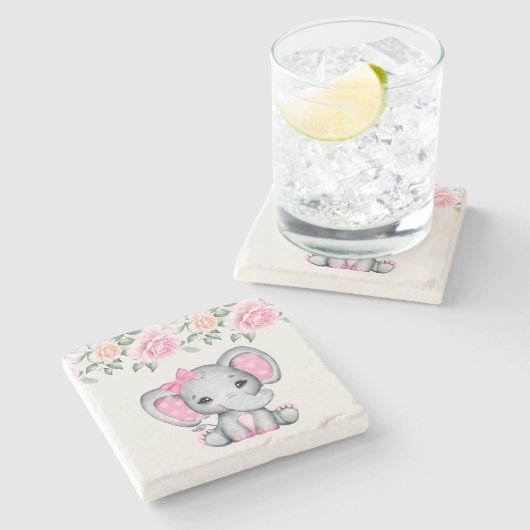 Niedlich-Pink-Baby-Elefant und Rose-Grenze Steinuntersetzer (Seitenansicht)