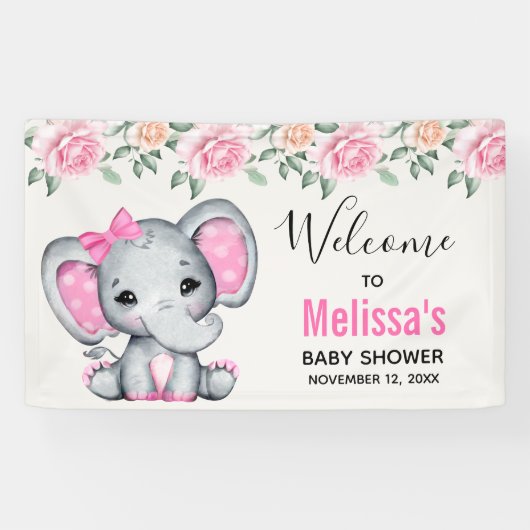 Niedlich Pink Baby Elephant and Rose Babydusche Banner (Horizontal)
