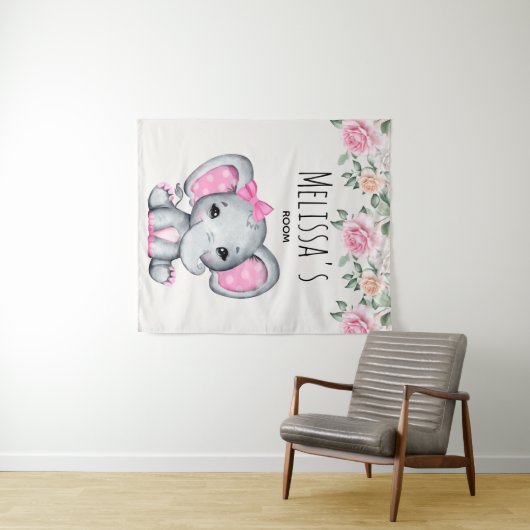 Niedlich Pink Baby Elephant and Rose Room Wandteppich (Beispiel (Horizontal))