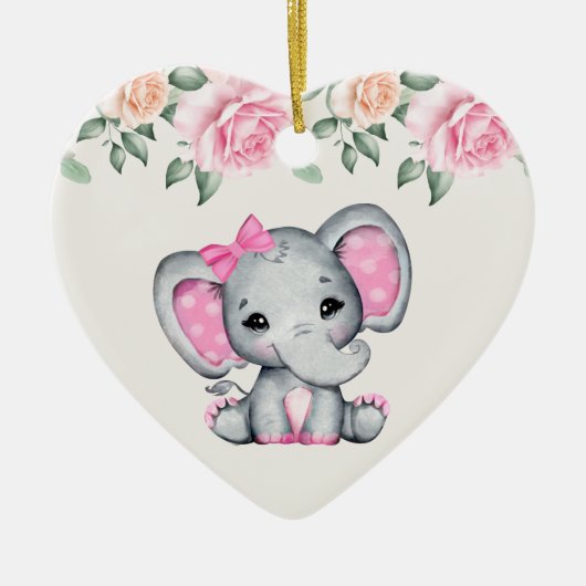 Niedlich Pink Baby Elephant und Rose Grenze Keramik Ornament (Vorne)