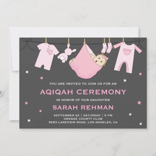 Niedlich Pink Baby Girl Aqiqah Einladung (Vorderseite)