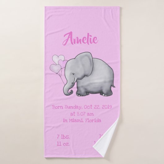 Niedlich Pink Baby Girl Birth Stats Elefant Kinder Badehandtuch (Badehandtuch)