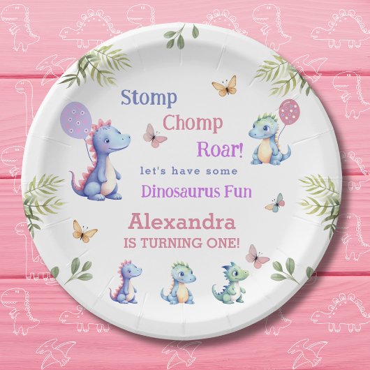 Niedlich Pink Baby Girl Dinosaur 1. Geburtstag Pappteller