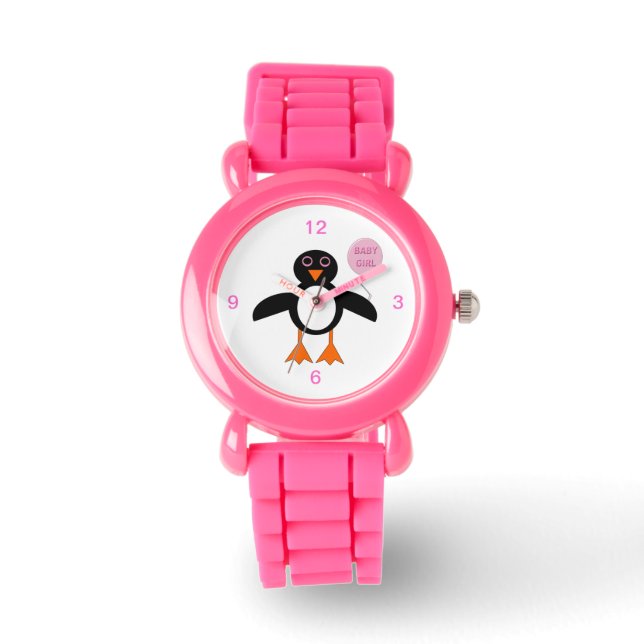 Niedlich Pink Baby Girl Pinguin Glitzer Armbanduhr (Vorderseite)