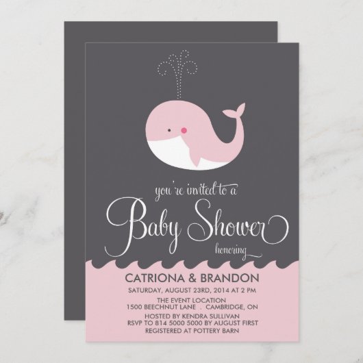 Niedlich Pink Baby Whale Baby Shower Einladungen (Vorne/Hinten)