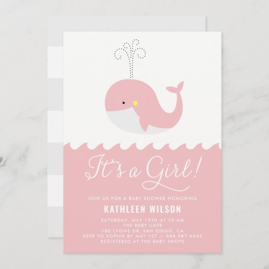 Niedlich Pink Baby Whale Es ist eine Girl Baby Dus Einladung (Vorne/Hinten)