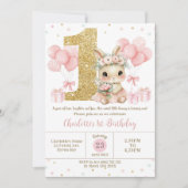Niedlich Pink Ballerina Bunny Rabbit 1. Geburtstag Einladung (Vorderseite)