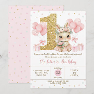 Niedlich Pink Ballerina Bunny Rabbit 1. Geburtstag Einladung