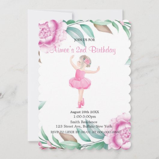 Niedlich Pink Ballerina Peony Einladung zum Geburt (Vorderseite)