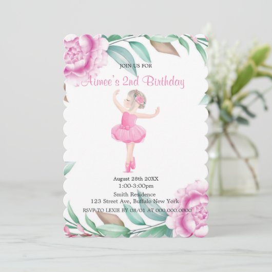 Niedlich Pink Ballerina Peony Einladung zum Geburt (Stehend Vorderseite)