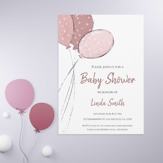 Niedlich Pink Balloons Girl Baby Dusche Einladung