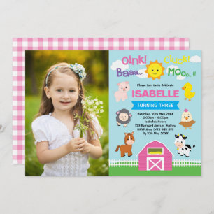 Niedlich Pink Barnyard Farm Animes 1. Geburtstag F Einladung