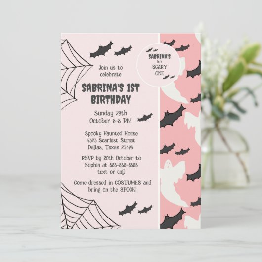 Niedlich Pink Beängstigend ein Halloween-Geburtsta Einladung (Stehend Vorderseite)