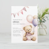 Niedlich Pink Bear-Y Einladung zum ersten Geburtst (Stehend Vorderseite)