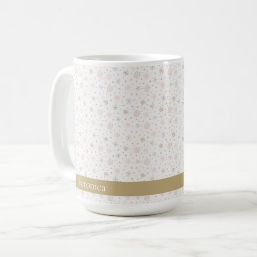 Niedlich Pink & Beige Snowflake Muster Weihnachtsn Kaffeetasse (Vorderseite Links)