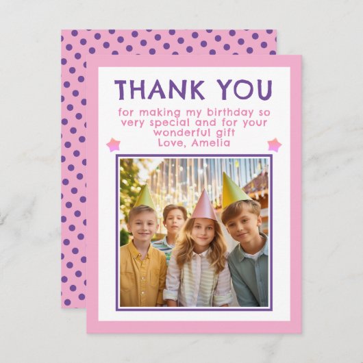 Niedlich Pink Birthday Foto Dankeskarte (Vorne/Hinten)