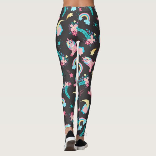 Niedlich Pink Black Unicoron Rainbow Floral Stars Leggings (Rückseite)